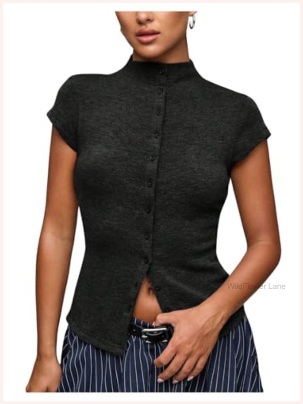Women's Cap Sleeve Knit Top Mock Neck Button Down Slim Fit Sweater